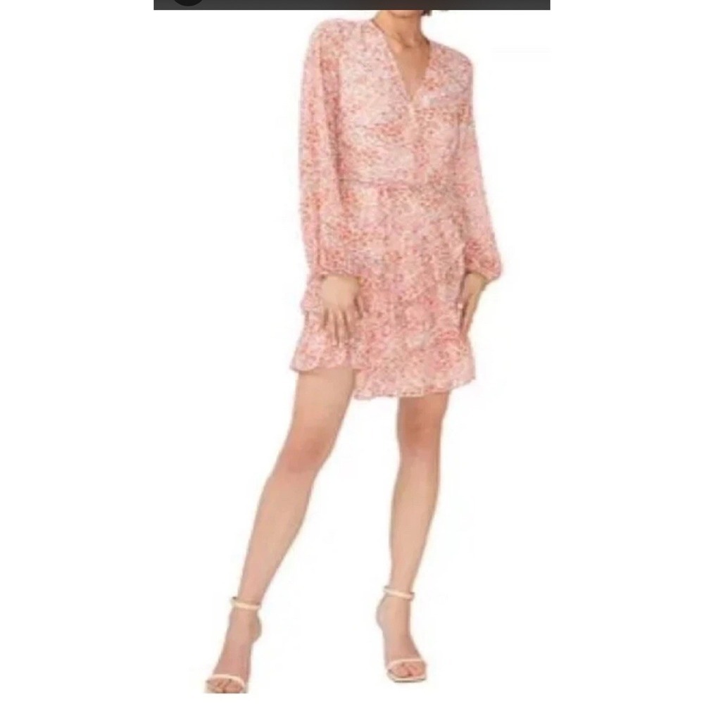 1.State Ivory  Pink Floral Tiered Party Wrap Dress Long Sleeve Vneck Size 8 New